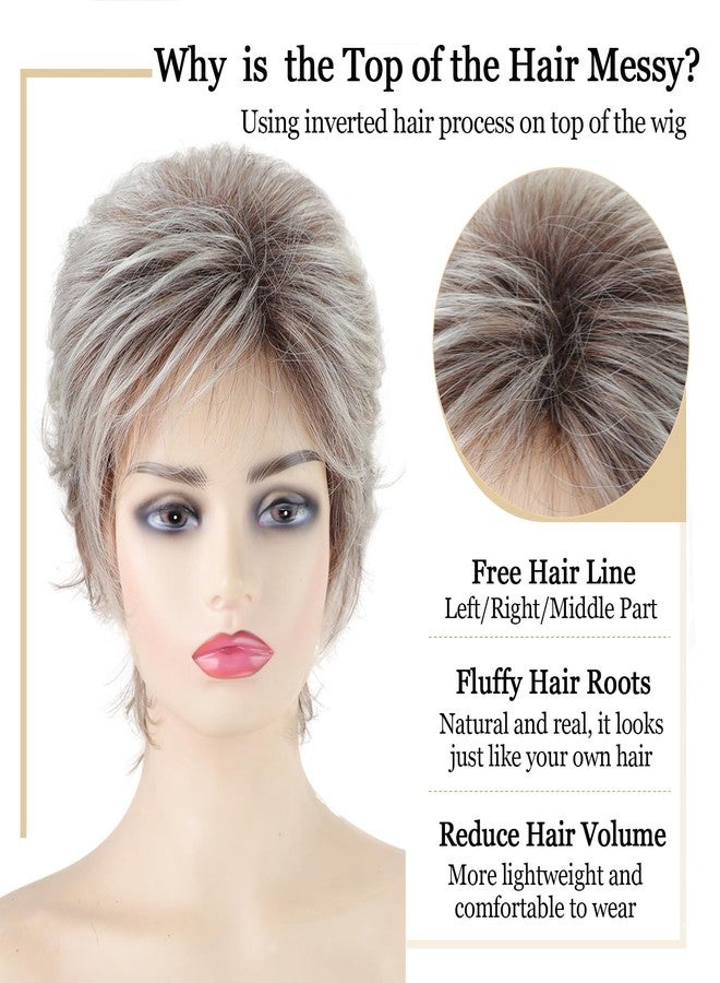 TISHINING Layered Short Blonde Pixie Wigs for White Women Dark Brown Ombre Blonde Pixie Cut Wig with Bangs Synthetic Natural Looking Daily Party Wig - Image 5